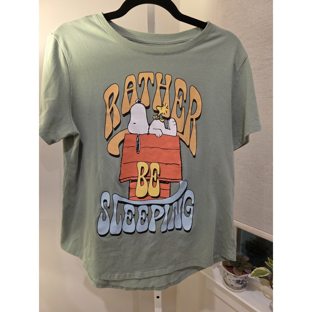 Snoopy peanut Rather Be Sleeping T-Shirt Juniors Size XL Green